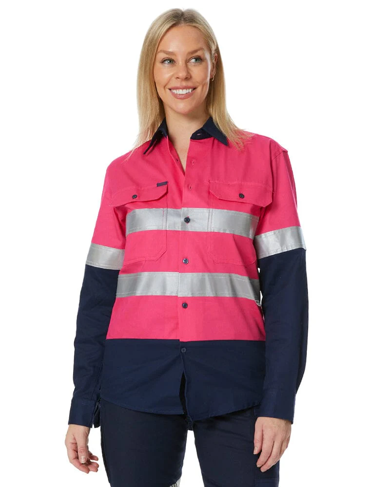 Hi Vis Taped Cotton Drill Shirt LS - Pink/Navy - Image 3