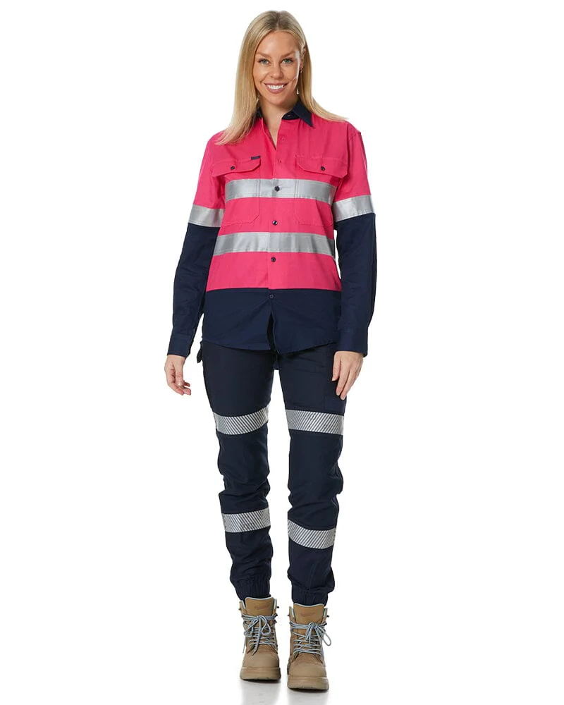 Hi Vis Taped Cotton Drill Shirt LS - Pink/Navy - Image 4
