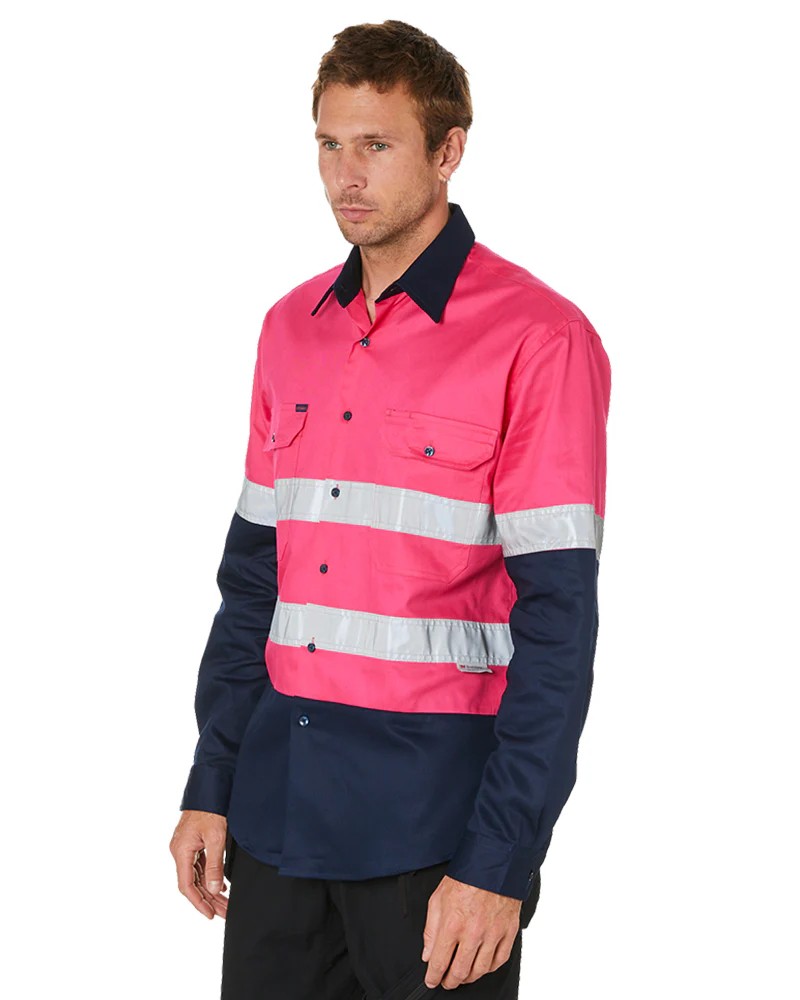 Hi Vis Taped Cotton Drill Shirt LS - Pink/Navy - Image 5