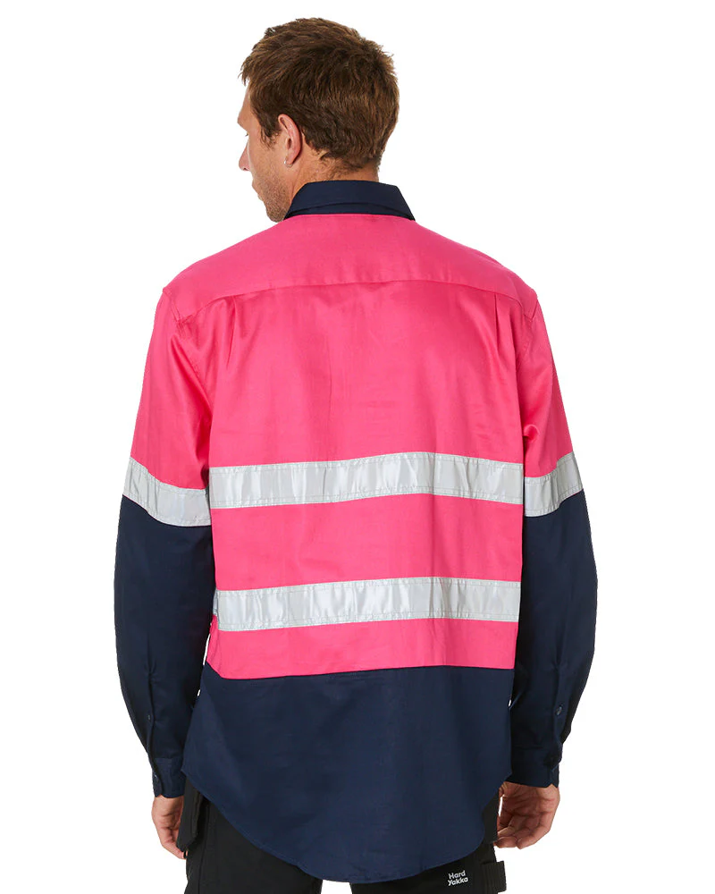 Hi Vis Taped Cotton Drill Shirt LS - Pink/Navy - Image 6