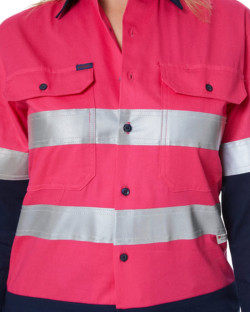 Hi Vis Taped Cotton Drill Shirt LS - Pink/Navy - Image 8