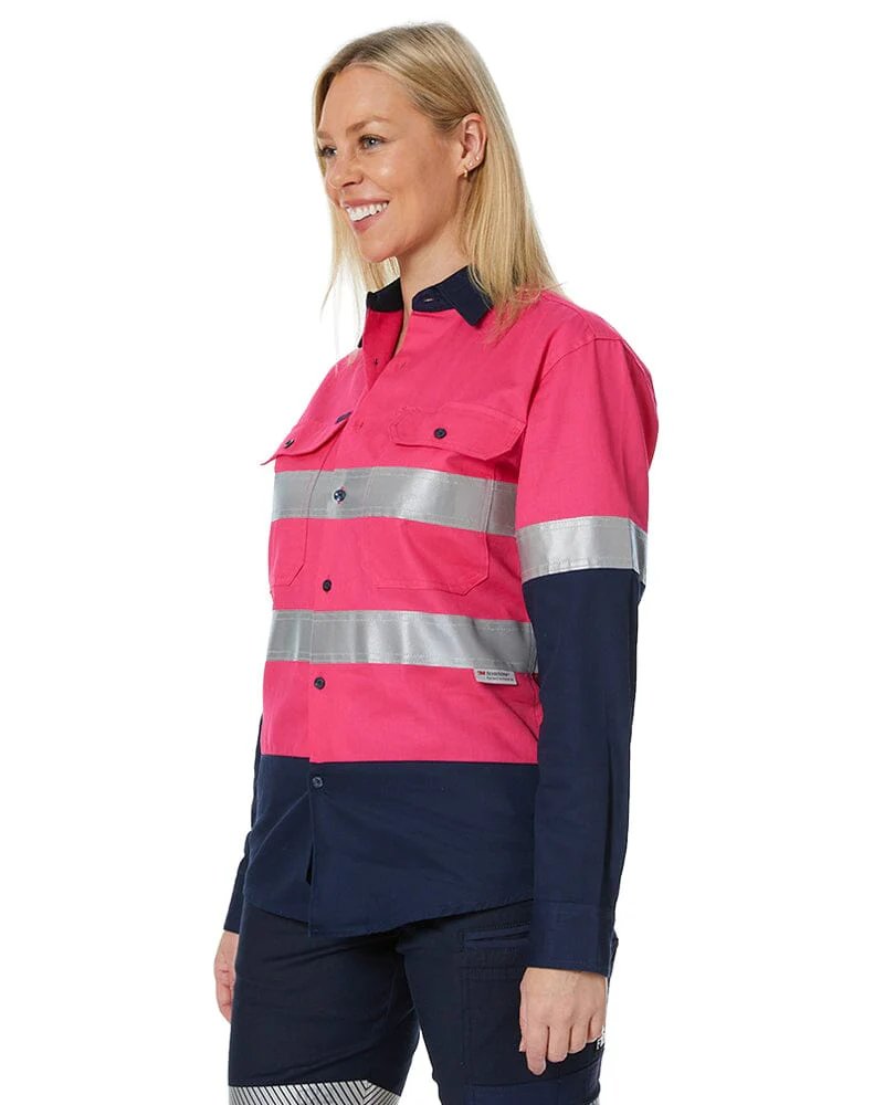 Hi Vis Taped Cotton Drill Shirt LS - Pink/Navy - Image 9
