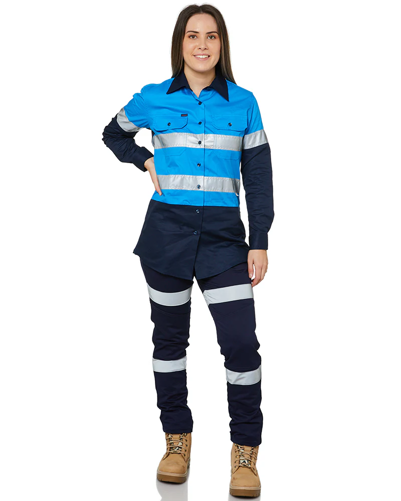 Ladies Hi Vis Lightweight LS Shirt - Blue/Navy - Image 2