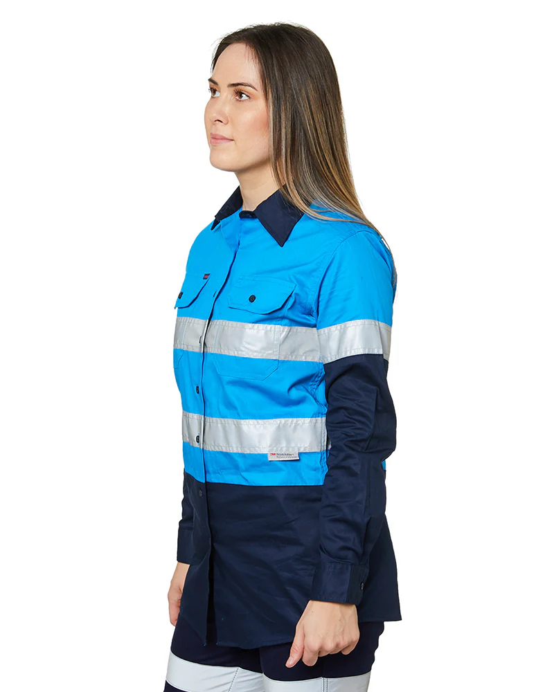 Ladies Hi Vis Lightweight LS Shirt - Blue/Navy - Image 3