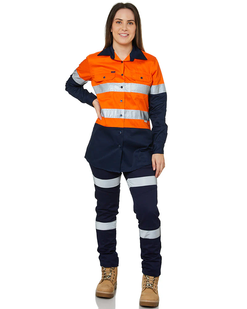 Ladies Hi Vis Lightweight LS Shirt - Orange/Navy - Image 2