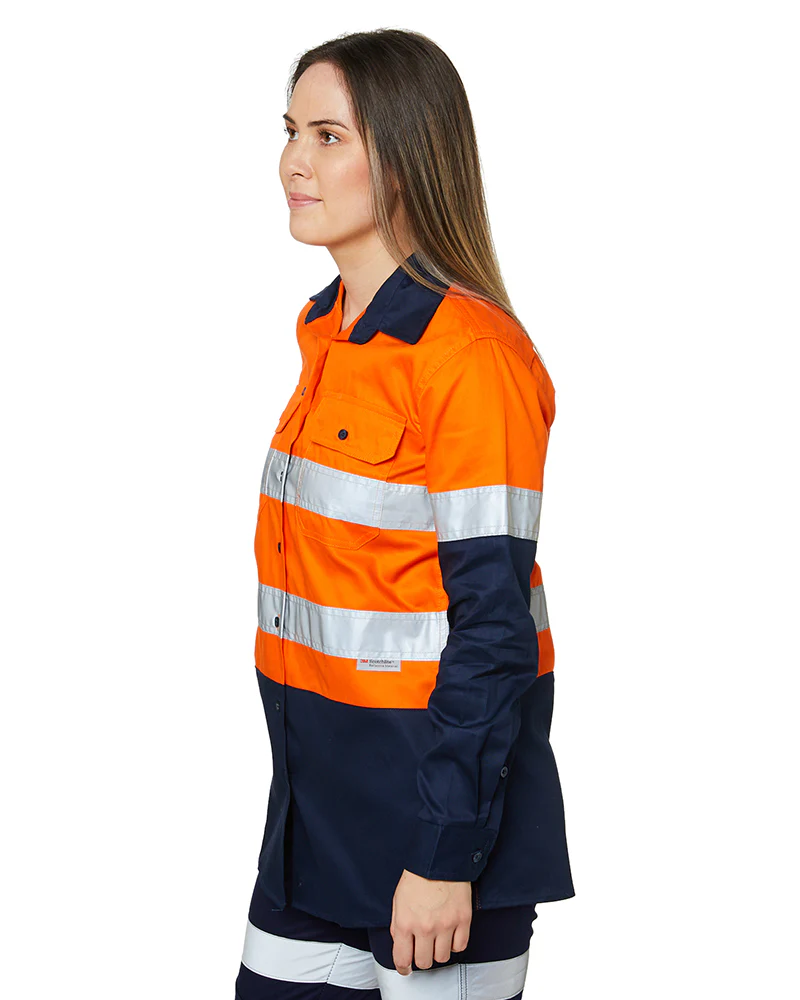 Ladies Hi Vis Lightweight LS Shirt - Orange/Navy - Image 3