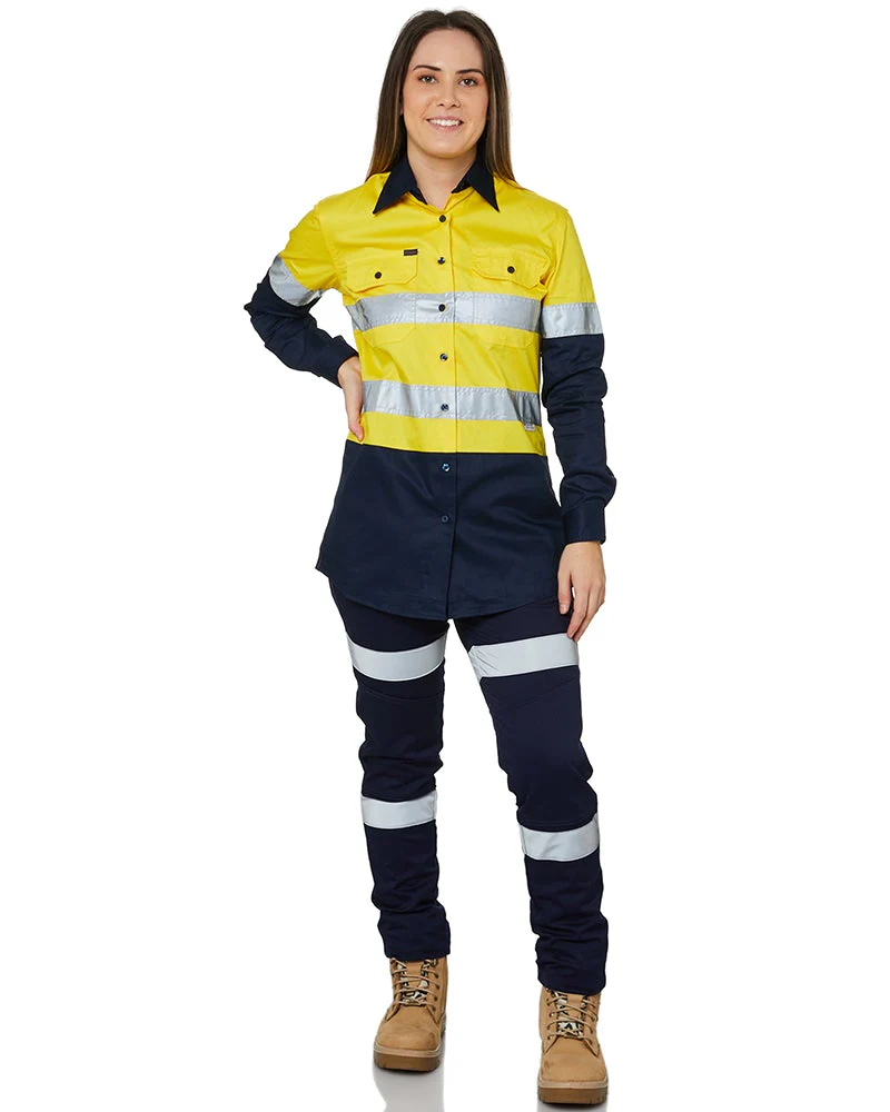Ladies Hi Vis Lightweight LS Shirt - Yellow/Navy - Image 2