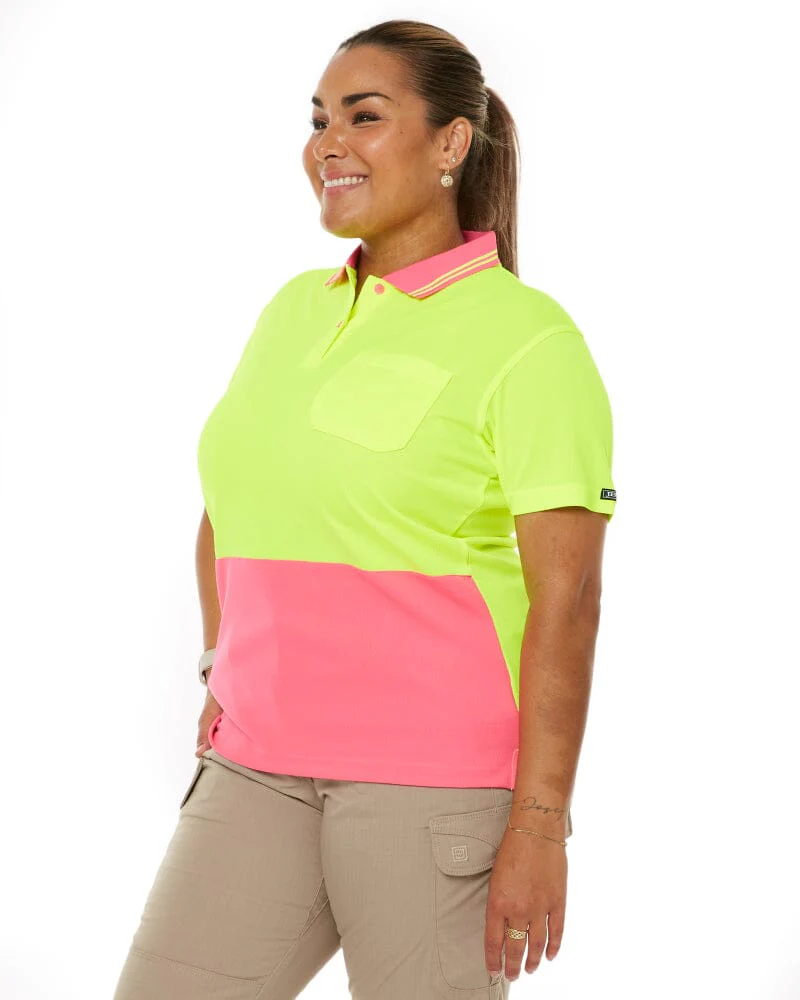 Ladies Hi Vis SS Polo - Lime/Pink - Image 3