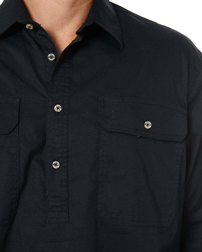 Closed Front Cotton Twill Shirt LS - Black - Image 5
