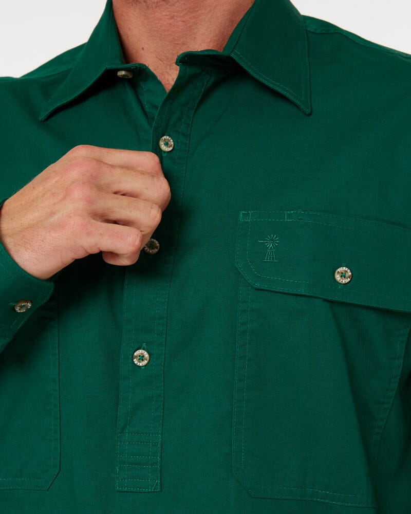 Closed Front Cotton Twill Shirt LS - Green - Image 5
