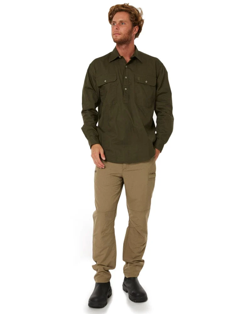 Closed Front Cotton Twill Shirt LS - Olive - Image 2