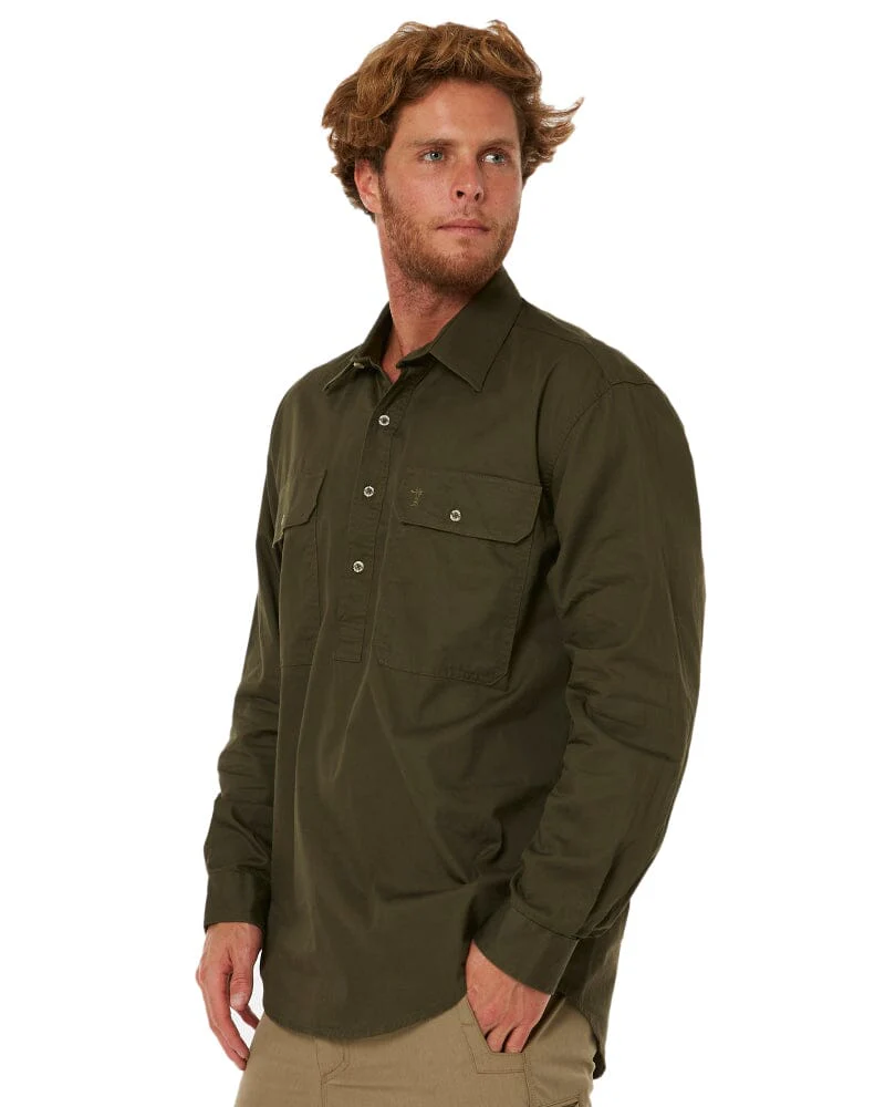 Closed Front Cotton Twill Shirt LS - Olive - Image 3