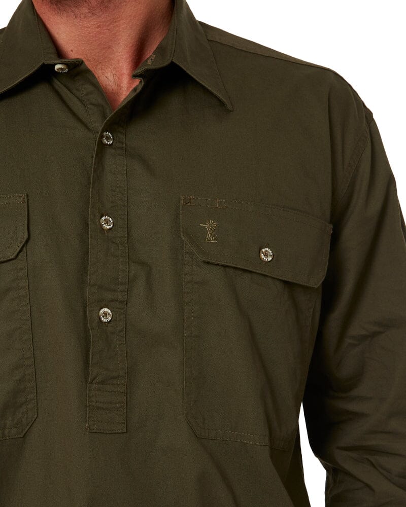 Closed Front Cotton Twill Shirt LS - Olive - Image 5