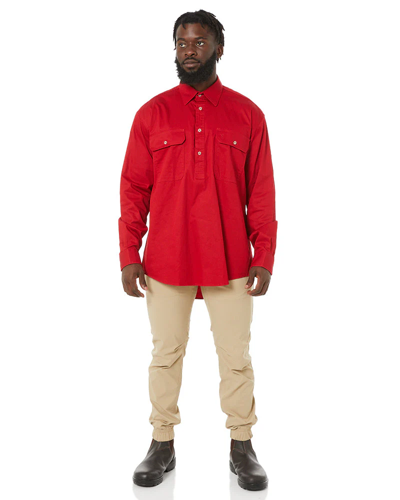 Closed Front Cotton Twill Shirt LS - Red - Image 2
