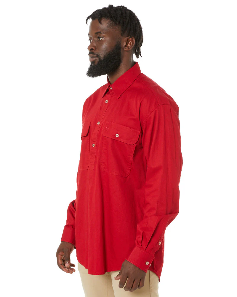 Closed Front Cotton Twill Shirt LS - Red - Image 3
