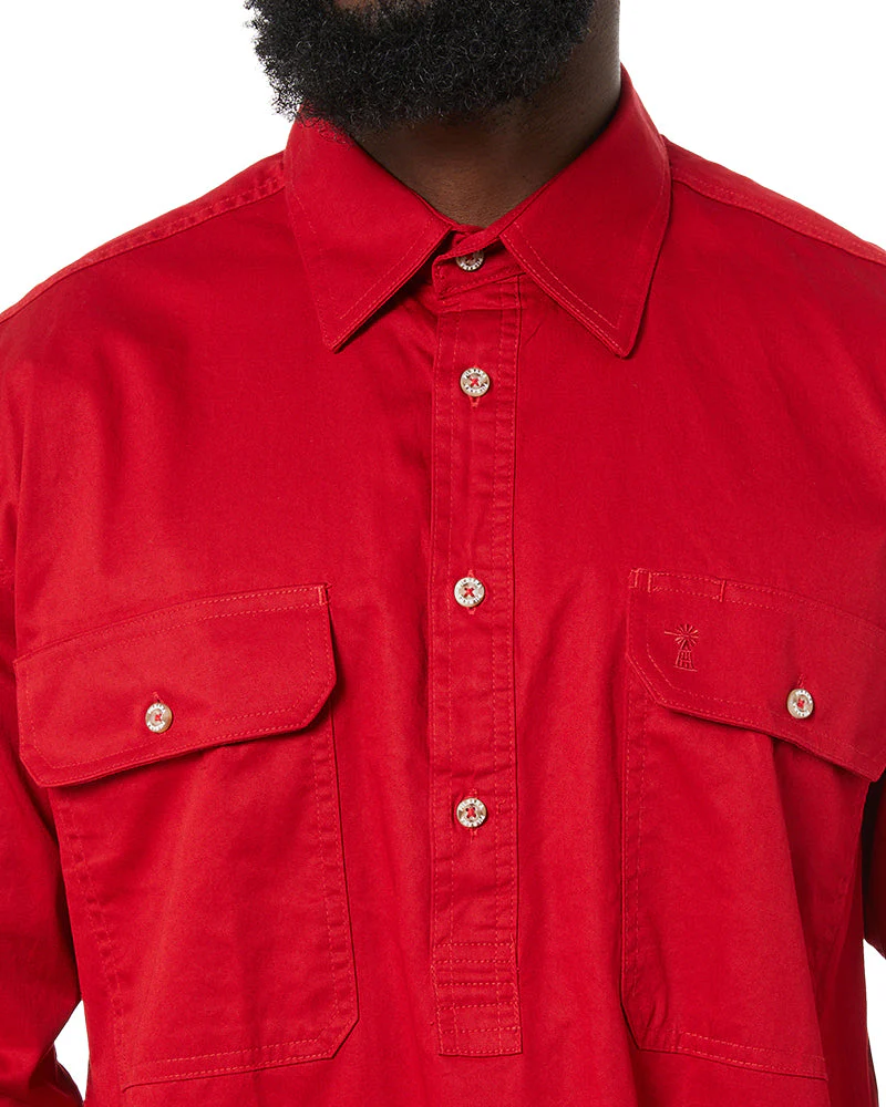 Closed Front Cotton Twill Shirt LS - Red - Image 5
