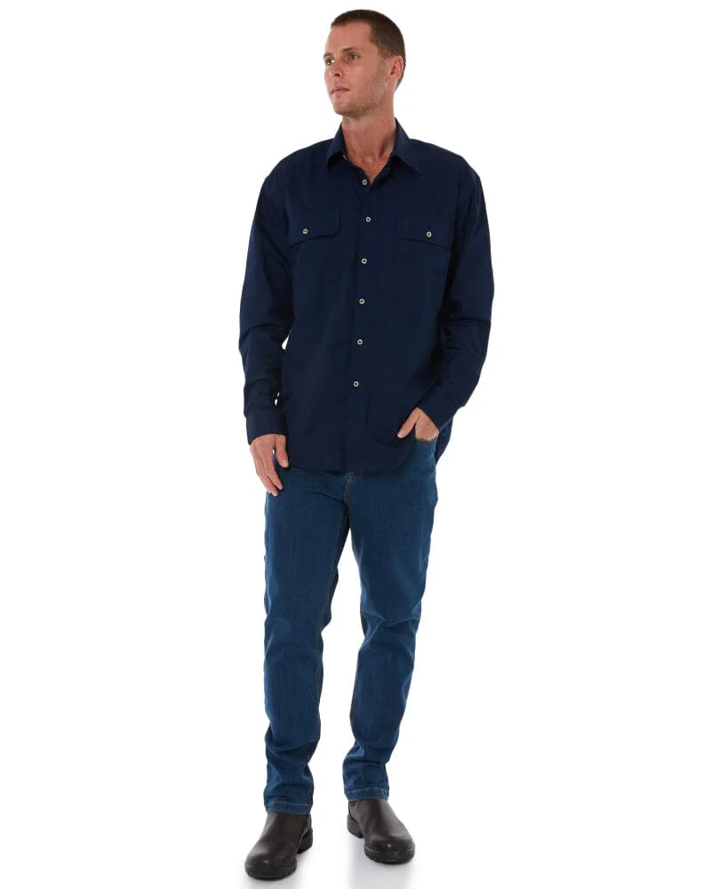 Open Front Cotton Twill LS Shirt - French Navy - Image 2