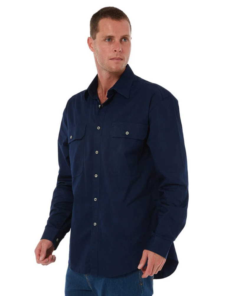 Open Front Cotton Twill LS Shirt - French Navy - Image 3
