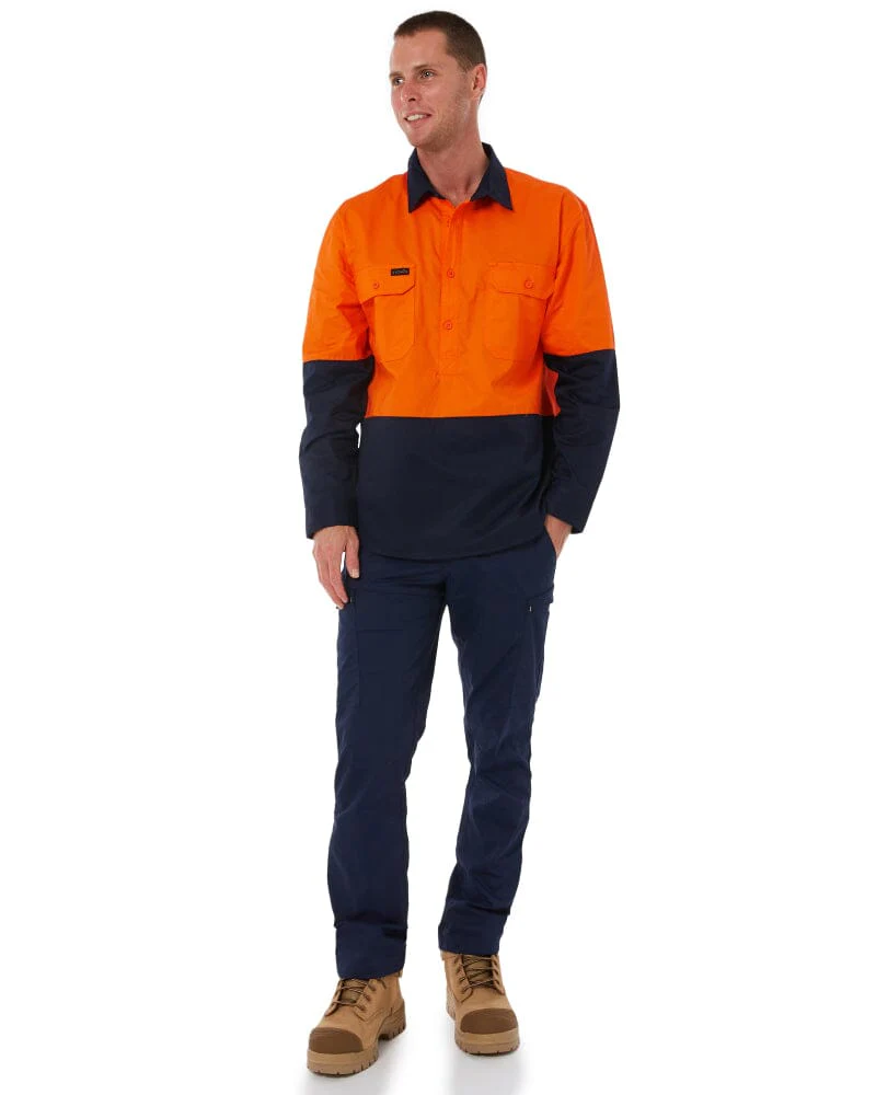 Closed Front Long Sleeve Shirt - Orange/Navy - Image 2