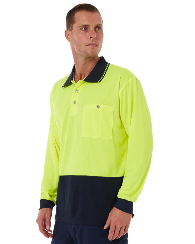 Hi Vis Basic Long Sleeve Polo - Yellow/Navy - Image 3