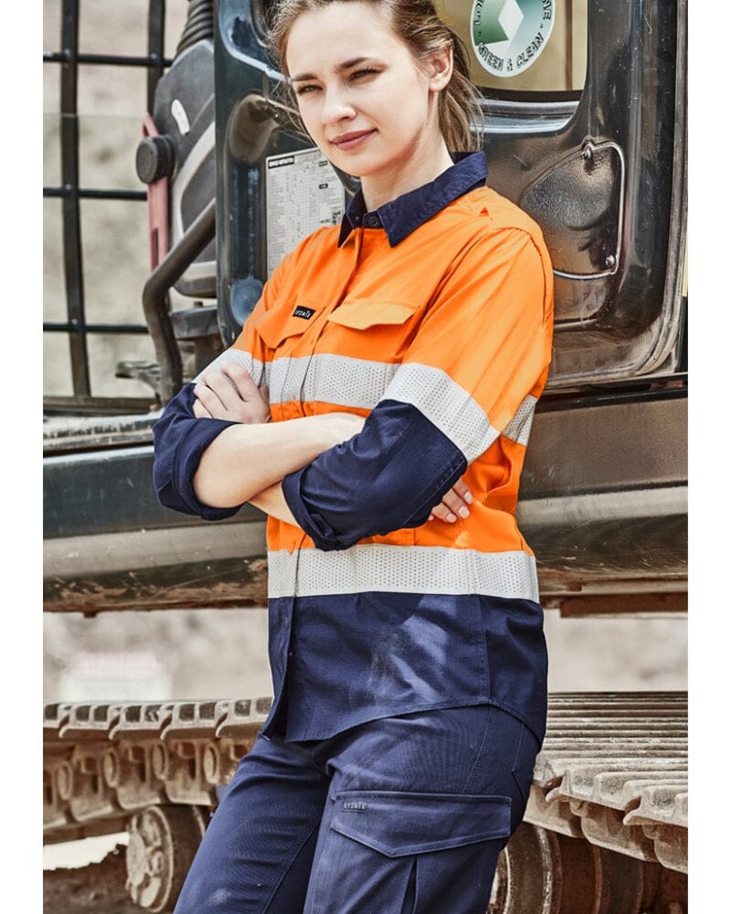 Womens Rugged Cooling Hi Vis Taped Long Sleeve Shirt - Orange/Navy - Image 3