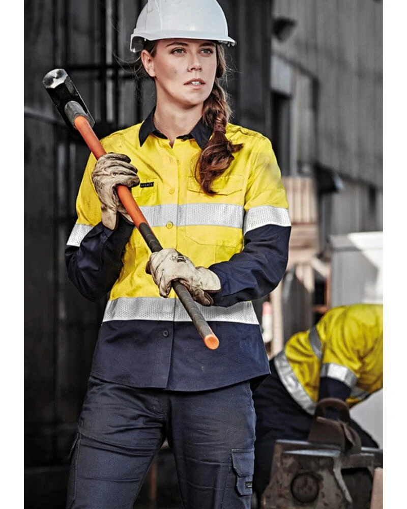 Womens Rugged Cooling Hi Vis Taped Long Sleeve Shirt - Yellow/Navy - Image 3
