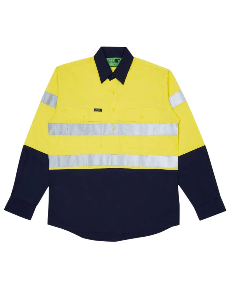 Tradies Hi Vis Taped Closed Front Cotton Drill Shirt LS 3 Value Pack - Yellow/Navy - Image 2