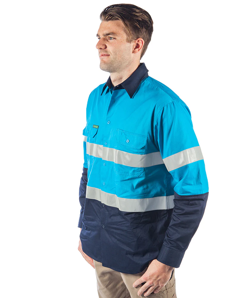 Hi Vis Taped Lightweight Cotton Shirt LS - Blue/Navy - Image 2