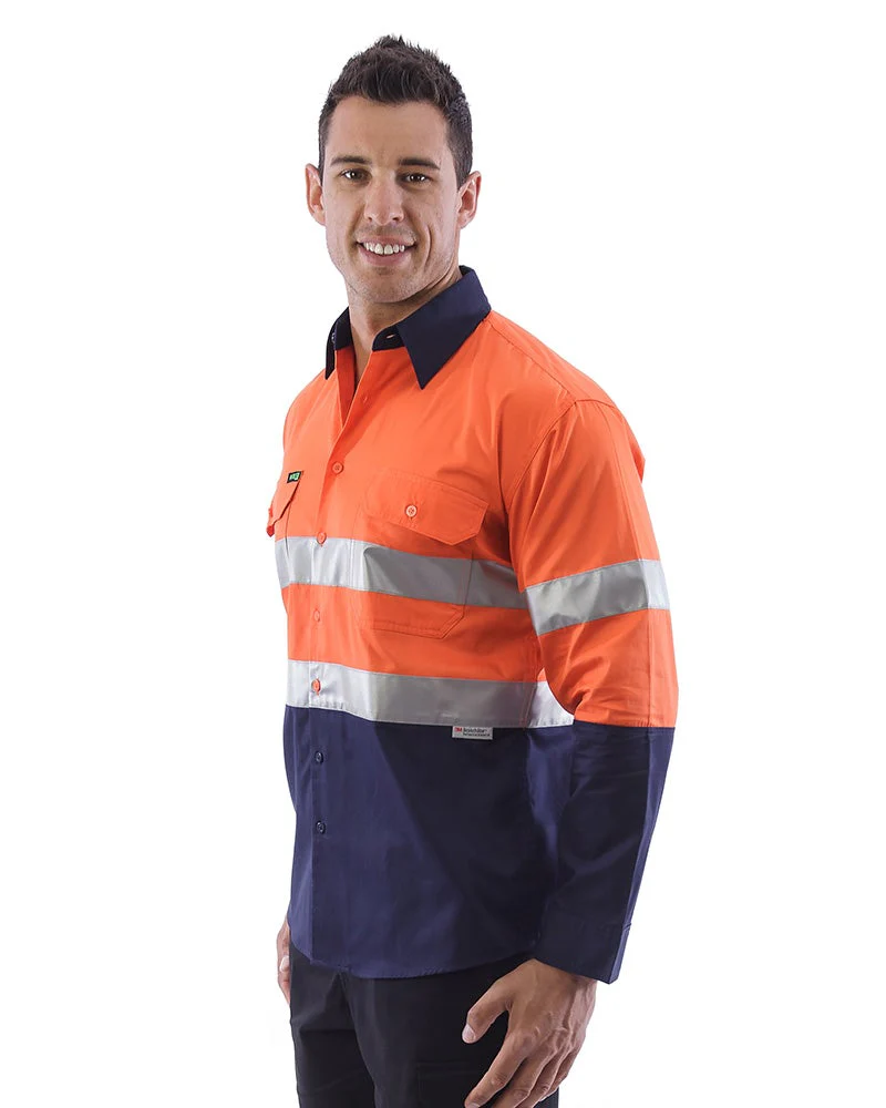 Hi Vis Taped Lightweight Cotton Shirt LS - Orange/Navy - Image 2