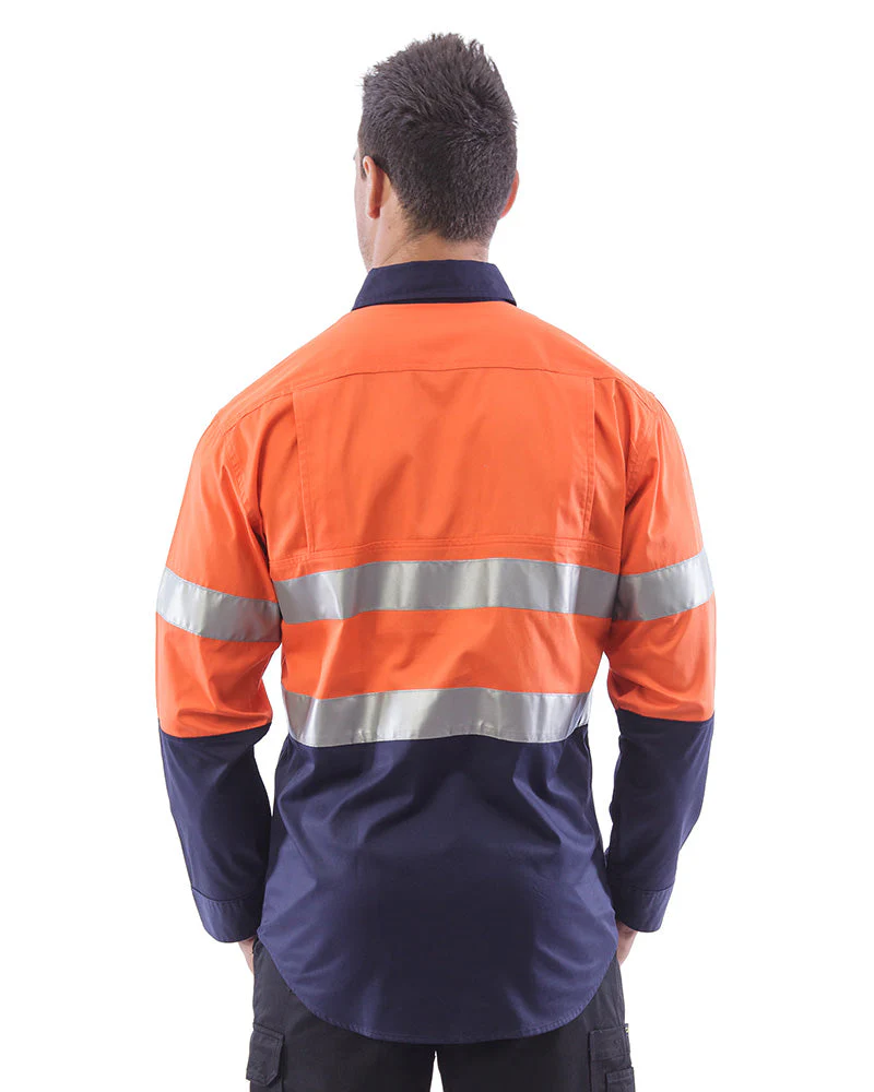 Hi Vis Taped Lightweight Cotton Shirt LS - Orange/Navy - Image 3