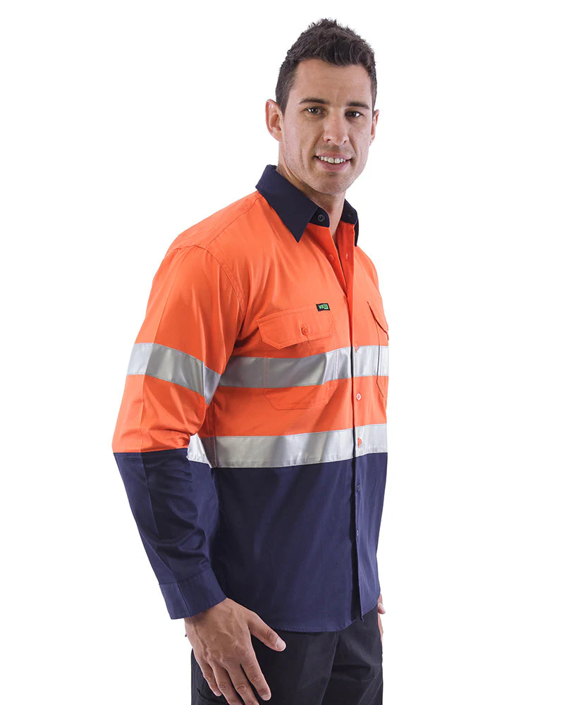 Hi Vis Taped Lightweight Cotton Shirt LS - Orange/Navy - Image 4