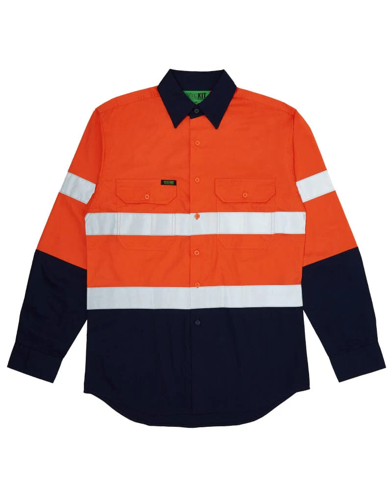 Hi Vis Taped Lightweight Cotton Shirt LS - Orange/Navy - Image 5