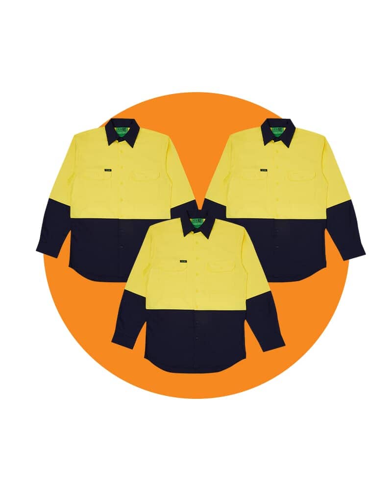 Tradies Hi Vis Lightweight Cotton Shirt LS 3 Value Pack - Yellow/Navy