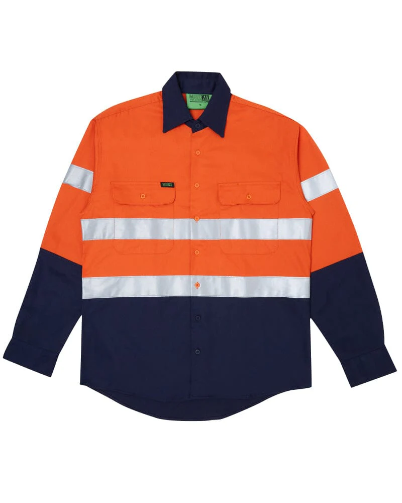 Tradies Hi Vis Taped Cotton Drill Shirt LS 3 Value Pack - Orange/Navy - Image 2