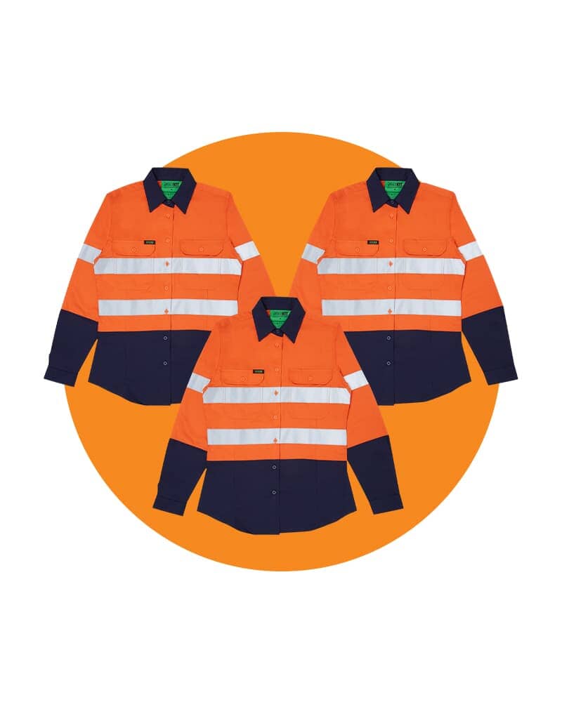 Tradies Womens LS Hi Vis Lightweight Taped Cotton Shirt 3 Value Pack - Orange/Navy