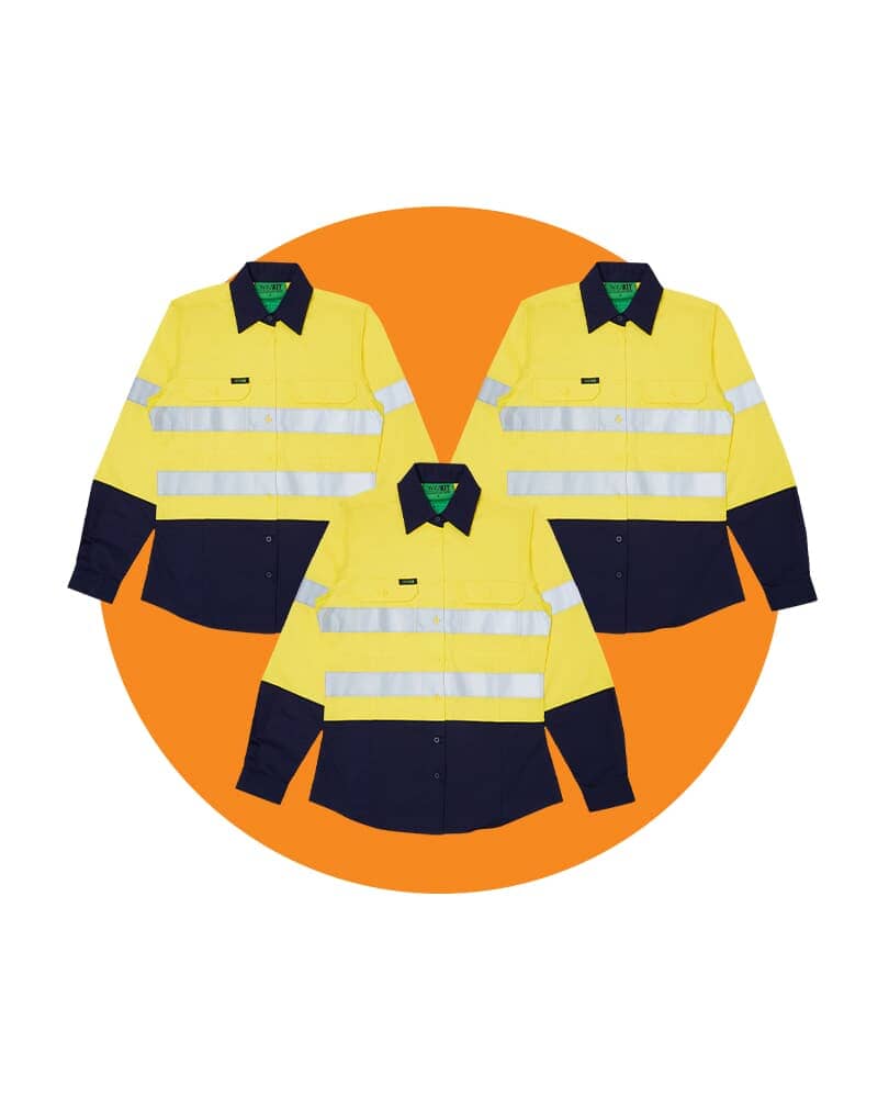 Tradies Womens LS Hi Vis Lightweight Taped Cotton Shirt 3 Value Pack - Yellow/Navy